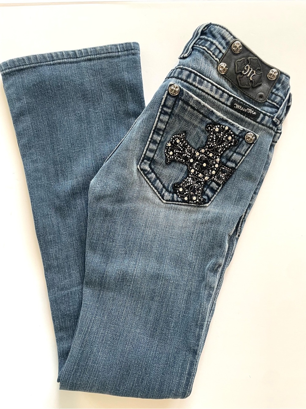 Miss Me Y2K Bootcut with Embellished Cross Pocket Medium Blue Jeans